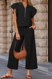 Black Textured Ruffled Sleeve Zipped Top and Wide Leg Pants Set