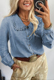 Beau Blue Ruffled Peter Pan Collar Western Denim Shirt