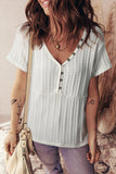 White Solid Color Textured Button V Neck Raw Seam Henley Tee