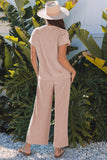 Smoke Gray Solid Corded Knit Short Sleeve T Shirt and Wide Leg Pants Set