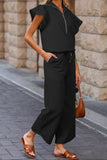 Black Textured Ruffled Sleeve Zipped Top and Wide Leg Pants Set