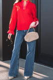Fiery Red Striped Trim Ruffle Split Neck Long Sleeve Blouse