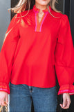 Fiery Red Striped Trim Ruffle Split Neck Long Sleeve Blouse