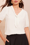 White Bow Tie V Neck Puff Sleeve Blouse