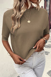 Coffee Round Neck Half Sleeve Ribbed Knit Top