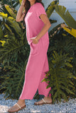 Bright Pink Solid Corded Knit Short Sleeve T Shirt and Wide Leg Pants Set