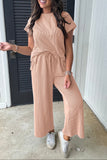 Smoke Gray Solid Corded Knit Short Sleeve T Shirt and Wide Leg Pants Set