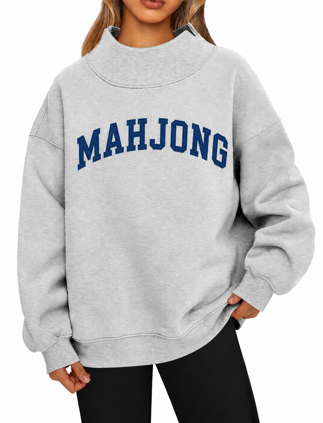 Mahjong Embroidered Oversized Mock Neck Top
