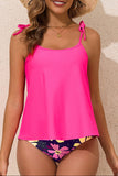 Rose Red Tie Shoulder Floral Print Cute Tankini Set