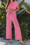 Bright Pink Solid Corded Knit Short Sleeve T Shirt and Wide Leg Pants Set