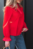 Fiery Red Striped Trim Ruffle Split Neck Long Sleeve Blouse