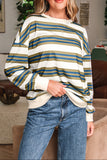 Khaki Stripe Crew Neck Drop Shoulder Pullover Sweatshirt