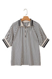 Black Stripe Polo Collar Half Zip Short Puff Sleeve Blouse