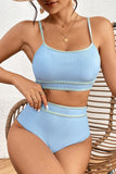 Beau Blue Stylish Ribbed Contrast Trim Spaghetti Straps 2pcs Bikini Swimsuit