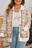 Khaki Vintage Pattern Ribbed Trim Button Front Plus Size Cardigan Sweater