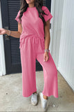 Bright Pink Solid Corded Knit Short Sleeve T Shirt and Wide Leg Pants Set