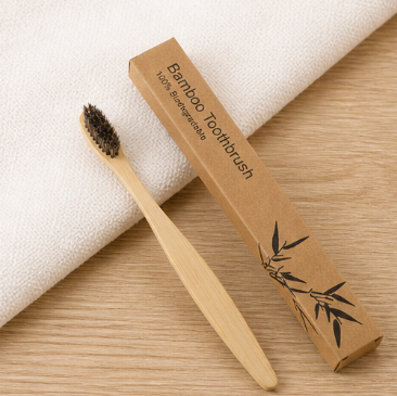 Natural Bamboo Toothbrush with Pig Bristle / Horsehair – Adult Flat-Head Wooden Handle Toothbrush for Sensitive Gums & Deep Cleaning