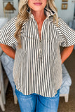 Black Stripe Polo Collar Half Zip Short Puff Sleeve Blouse