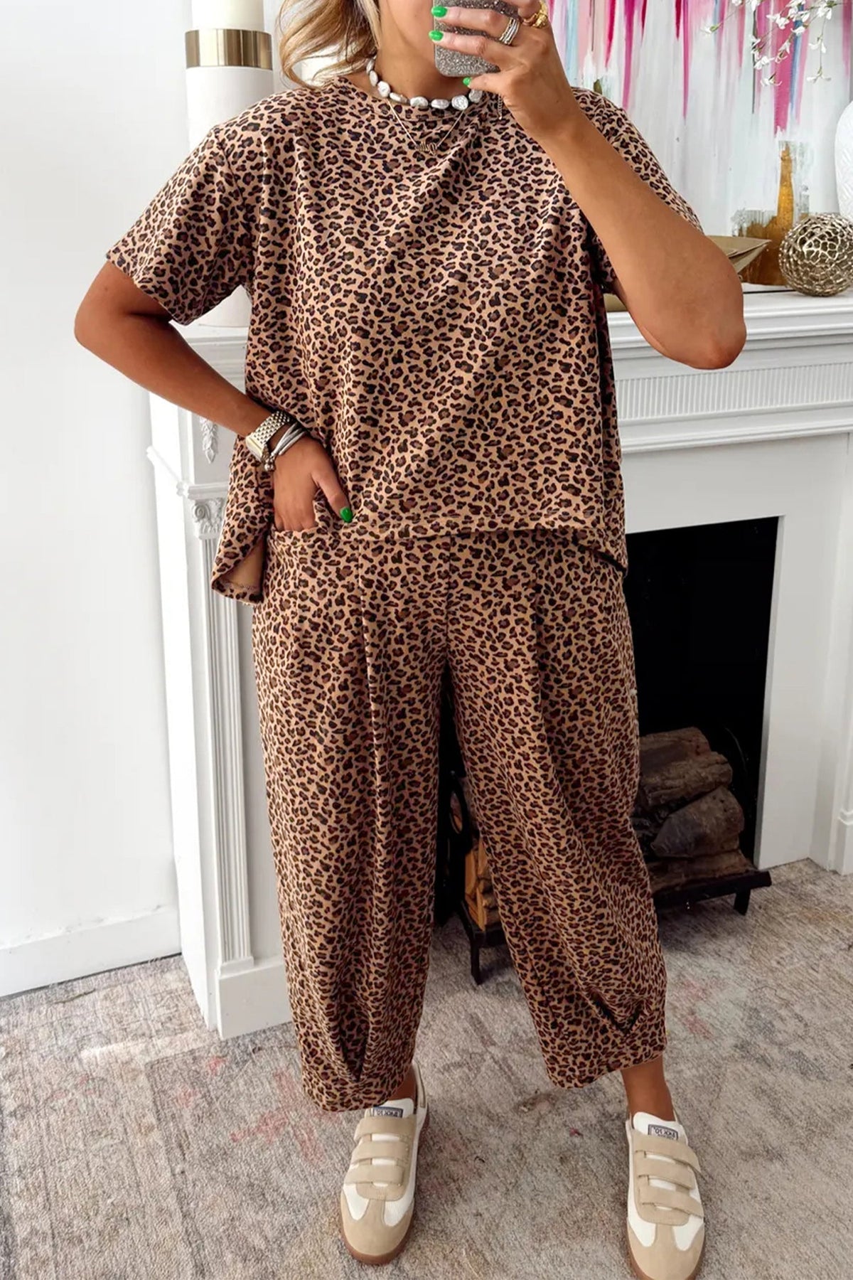 Brown Leopard High-Low Loose Tee Ankle Length Pants Set