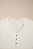 White Solid Color Textured Button V Neck Raw Seam Henley Tee