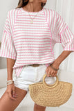 Pink Stripe Textured Knit Split Hem Half Sleeve Loose Top