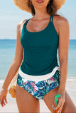 Sea Green Drawstring Tummy Control Mix-and-match 2pcs Tankini Swimsuit