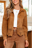 Thai Curry Solid Color Faux Suede Hollowed Detail Retro Style Jacket