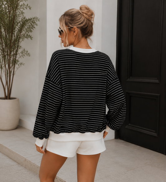 Striped Oversized Sweatshirt & Shorts Set | Casual Lounge Vacation Travel Outfit