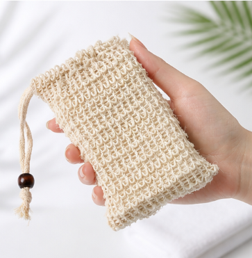 Ramie Linen Soap Pouch with Wooden Bead – Handmade Soap Lather Bag Hanging Mesh Storage Pouch